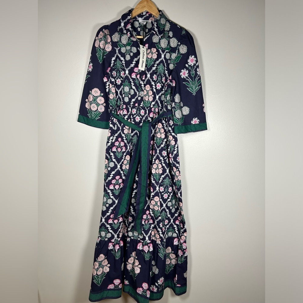 NEW NWT CELINA MOON Navy Tie Waist Floral Maxi Dress 100% Cotton - Picture 3 of 14